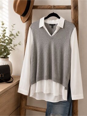 Adrianna Papell Heather Gray V-Neck Knit Sweater